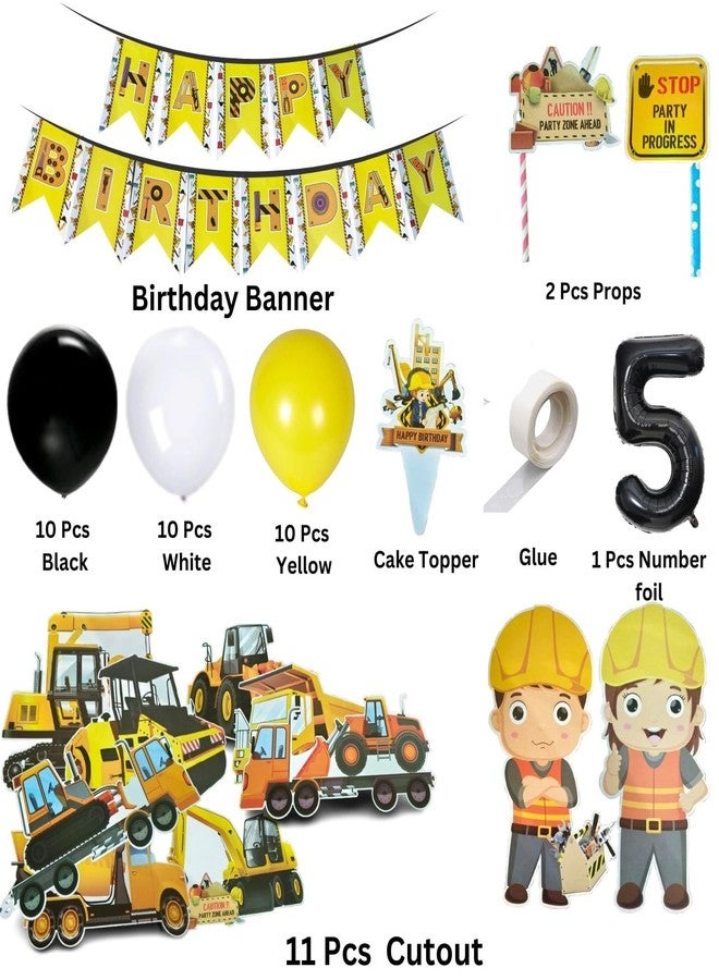 FI - FLICK IN 58 pcs JCB Construction 5th Birthday Decoration Set of Happy Birthday Cardstock Paper banner Transport Theme Dump Truck with Yellow or Black Party Decoration for Boys (Pack of 58) - Image 2